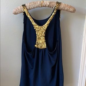 BCBG Navy silk top with Gold Sequins Size small